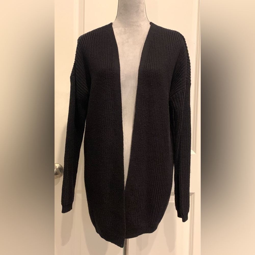 Francesca’s Cardigan Long Sleeve Lace Up Knit Crochet Duster Sweater Black